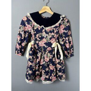 Vintage 90s Girls 6X Navy Blue Floral Print Dress with Velvet Collar by SWAT